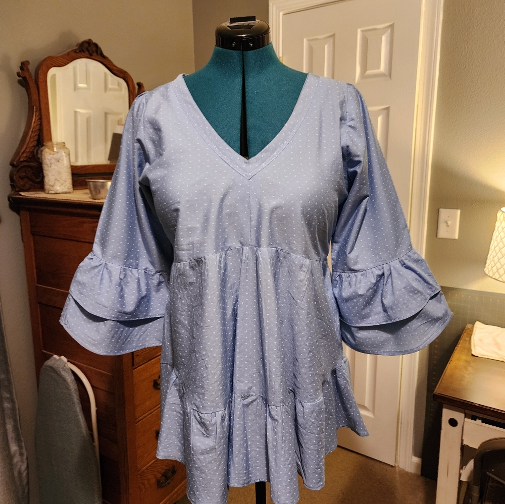 Hand-made Baby doll style blouse with peplum, size 12, light blue